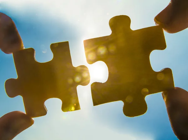 Hands Puzzle Pieces Sky Background — Stock Photo, Image