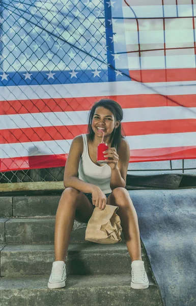 Stylish Young Afro American Woman Drinking Cola Metal Can Usa — Stock Photo, Image