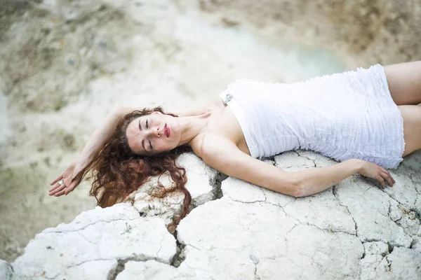 Portrait Beautiful Young Lady Lying Dry Cracked Ground Closed Eyes — Stock Photo, Image