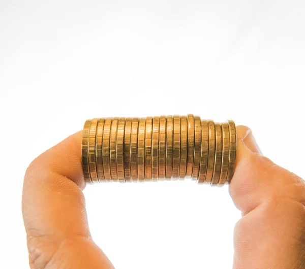 Mano Humana Sosteniendo Monedas Entre Dos Dedos Ideas Negocios Aislado — Foto de Stock