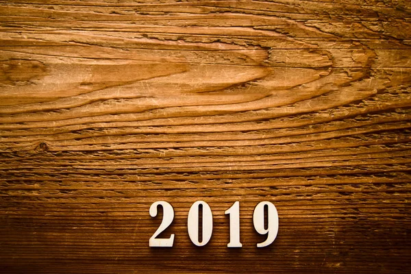 Ευτυχισμένο Νέο Έτος 2019 Κάρτα Ξύλινη Σειρά Φόντο Ξύλινη Σανίδα — Φωτογραφία Αρχείου