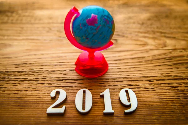 Happy New Year 2019 Globe Isolated Wooden Background Empty Copy — Stock Photo, Image