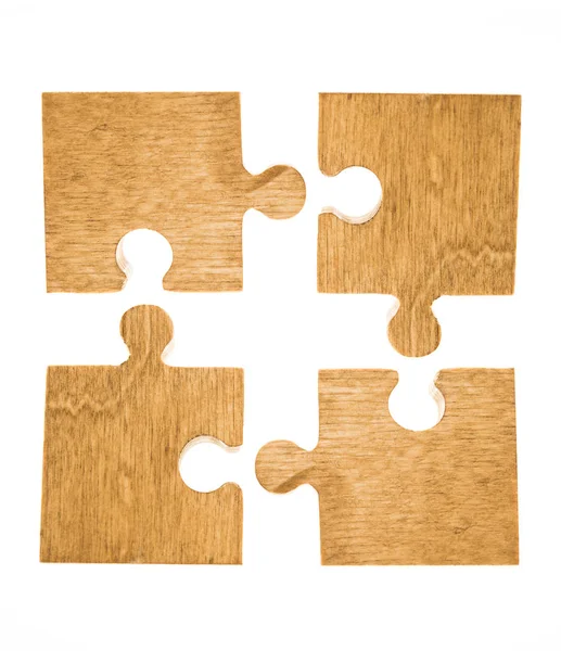 Vier Puzzleteile Aus Holz Isoliert Auf Weißem Hintergrund Konzept Des — Stockfoto
