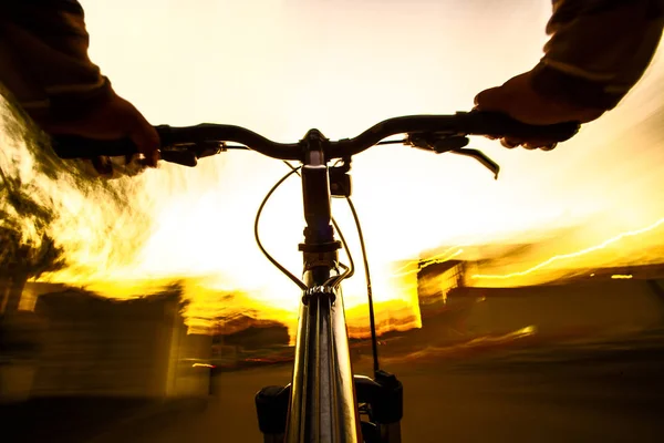 Vista Cercana Las Manos Masculinas Sosteniendo Manillar Bicicleta Manos Una — Foto de Stock