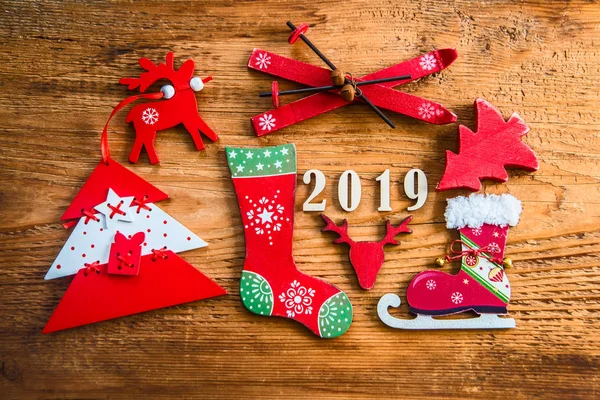 Joyeux Noël Avec Sapins Noël Skis Patins Chaussettes Cerfs Rouges — Photo