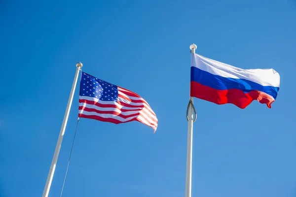 Russian Federation Usa United States America Flags Blue Sky Background — Stock Photo, Image