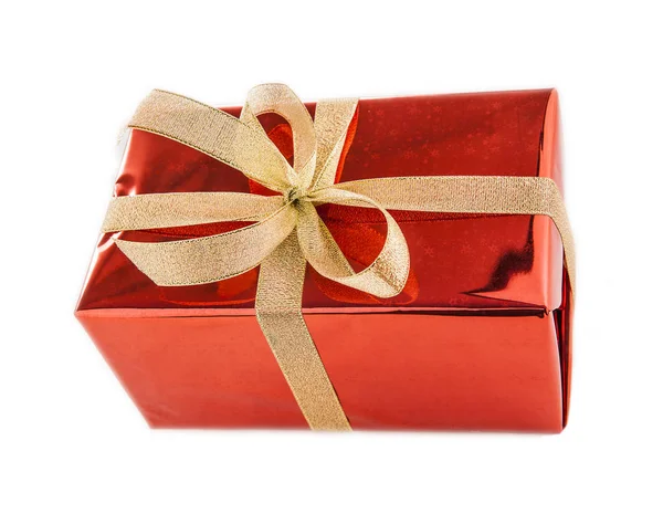 Red Gift Box Golden Bow Isolated White Background Close — Stock Photo, Image