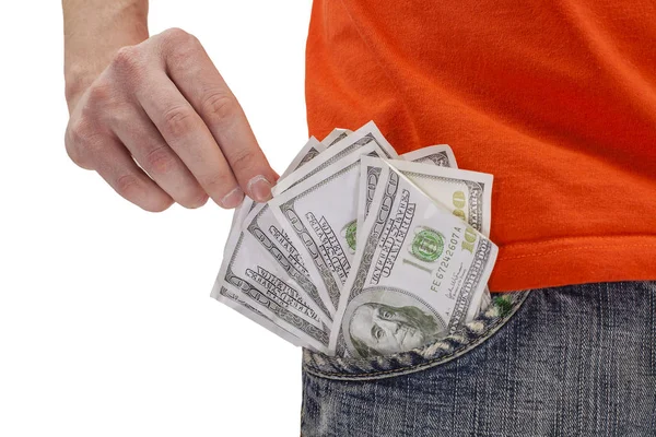 Mano Masculina Sacando Billete Dólar Del Bolsillo Sus Jeans — Foto de Stock