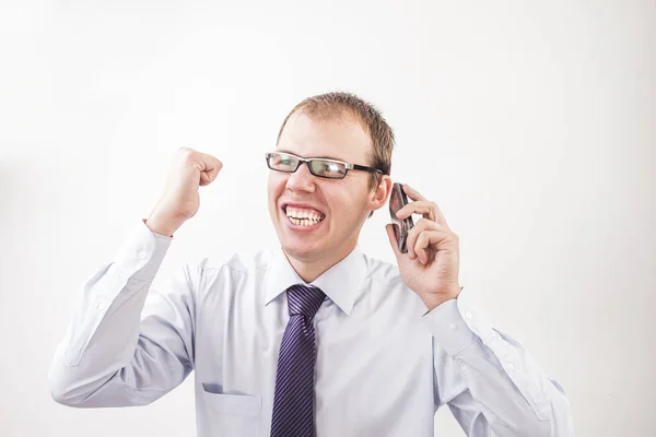 Caucasian Male Businessman Yelling Cellphone Isolated White Background Portrait Young — Stock Photo, Image