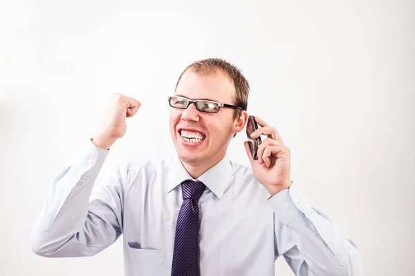 Caucasian Male Businessman Yelling Cellphone Isolated White Background Portrait Young — Stock Photo, Image