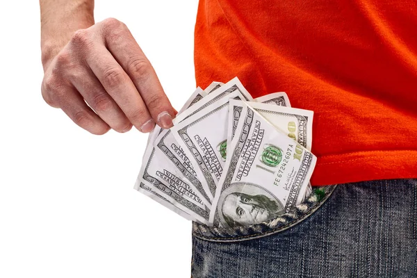 Mano Masculina Sacando Billete Dólar Del Bolsillo Sus Jeans — Foto de Stock