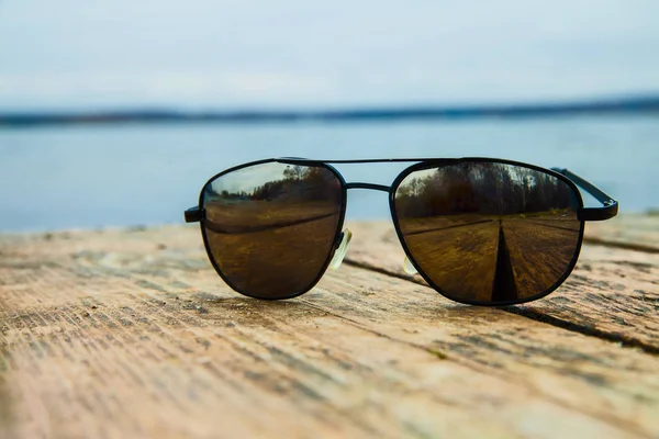 Sunglasses Wooden Table Pontoon Space Object Inscription — Stock Photo, Image