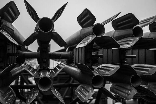 Rocket launch. Battle scene with rocket Missiles with Warhead Aimed at Gloomy Sky.