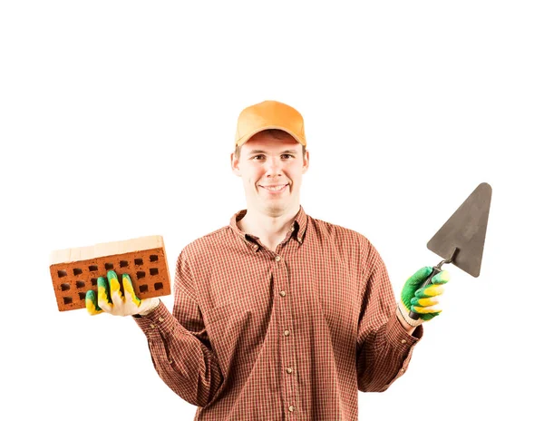 Portrait Young Adult Happy Mason Red Plaid Shirt Holding Red — Stock Photo, Image