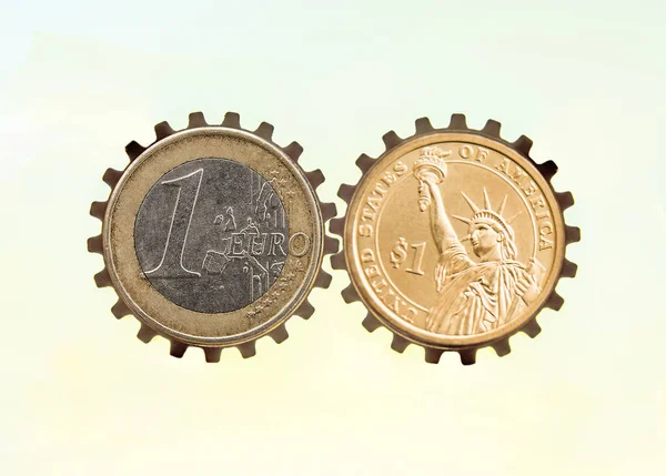 One Euro Dollar Coin Cogwheels Air Sky Background Idea Currency — Stock Photo, Image