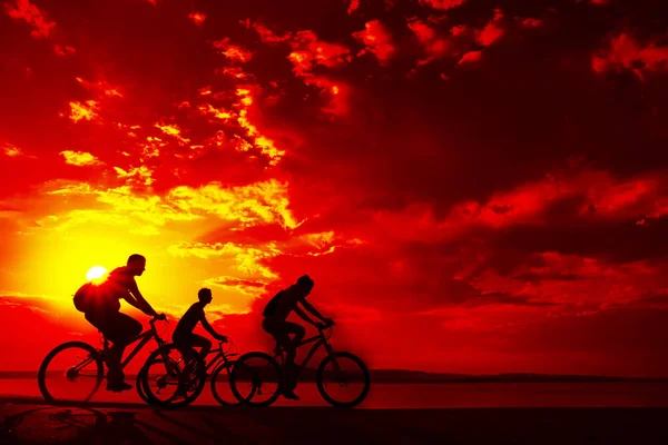 Spazio Vuoto Amici Sportivi Bicicletta Tramonto Ciclisti Cavallo Lungo Costa — Foto Stock