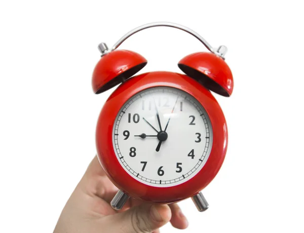 Rojo Vintage Reloj Despertador Mano Masculina Aislado Sobre Fondo Blanco — Foto de Stock