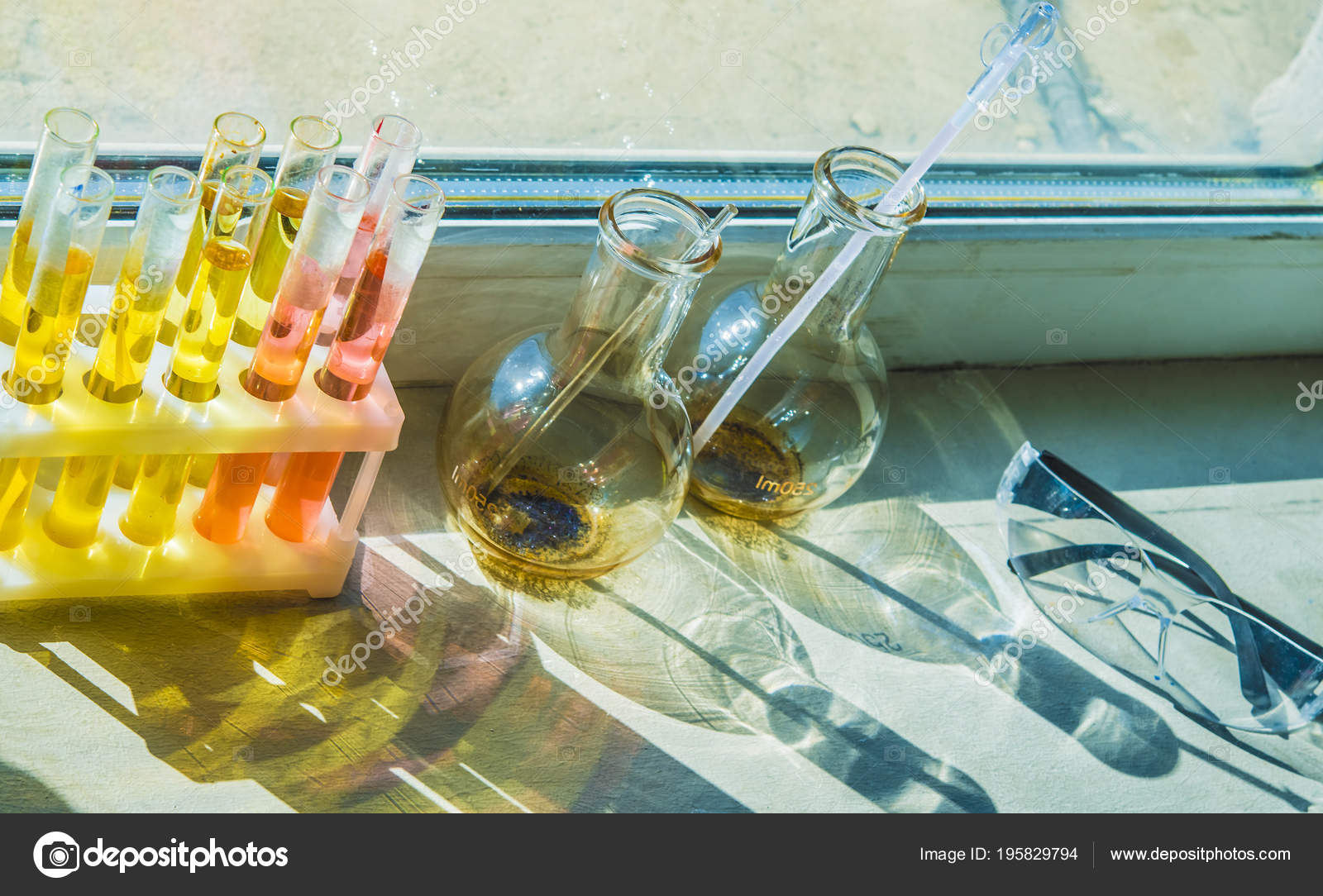 Evaporation Process Full Test Tubes Colorful Liquid Transparent Goggles