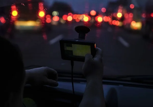 Navegação Carro Com Fundo Bokeh Veículo Caminho Recorte Área Exibição — Fotografia de Stock