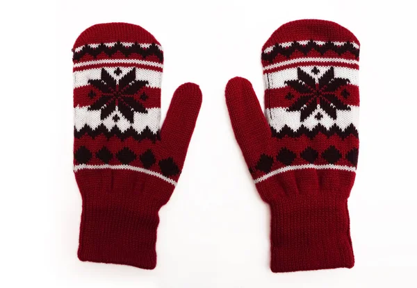 Two Red Knitted Mittens Black Snowflake Pattern Isolated White Background — Stock Photo, Image