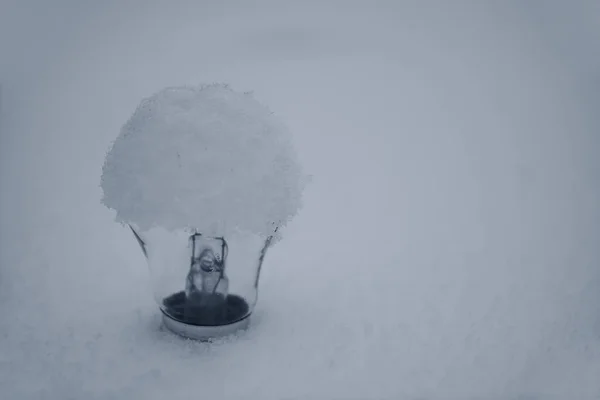 Bombilla Luz Congelada Sobre Fondo Nieve Blanca Concepto Para Cuestiones — Foto de Stock