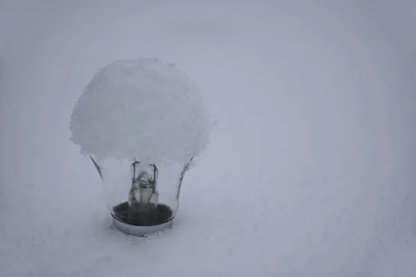 Lâmpada Luz Congelada Fundo Neve Branca Conceito Para Questões Ambientais — Fotografia de Stock