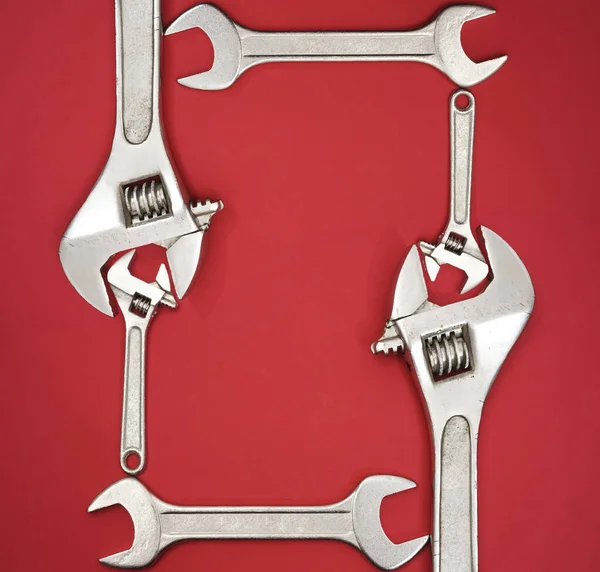 Wrenches Frame Isolated Red Background Wrench Tools Equipment Empty Copy — Stock Photo, Image