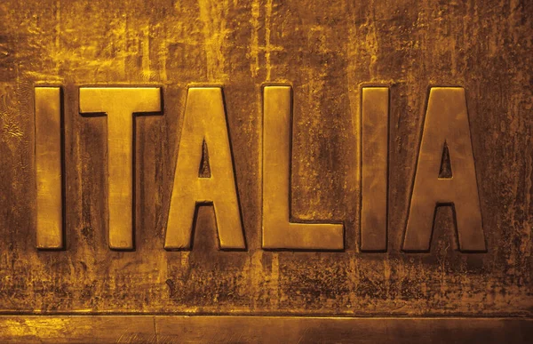 Italia Testo Texture Metallica Sfondo Concetto Istruzione Sfondo Parola Italua — Foto Stock