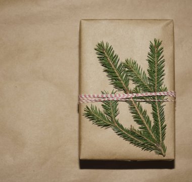 Kahverengi el sanatları kağıdına sarılı hediye kutusu. Kırmızı ve beyaz iplik altında çam dalı. Kırmızı ip. Yazı için boş kopyalama alanı. 