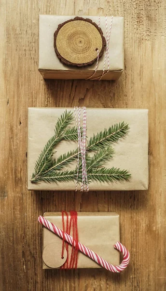 Gift Boxes Wrapped Brown Craft Paper Christmas Presents — 图库照片