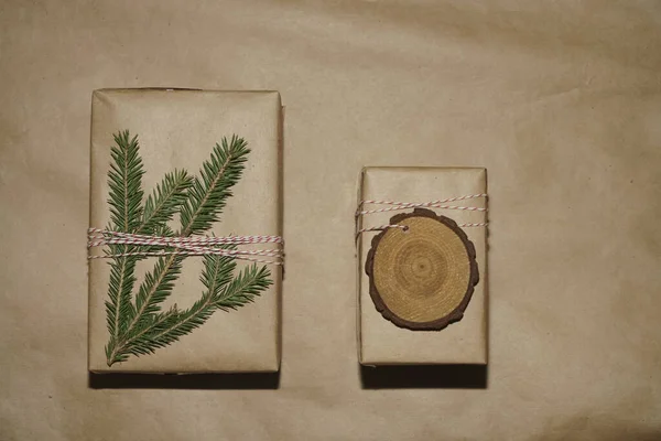 Подарункові Коробки Загорнуті Коричневий Папір Ремесел — стокове фото