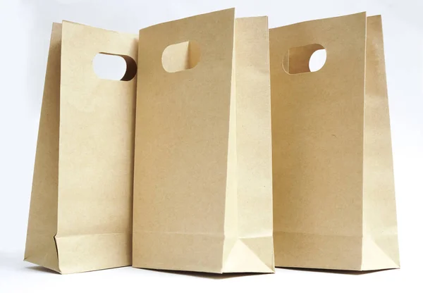 Three Brown Paper Bag Isolated White Background Empty Copy Space — 图库照片
