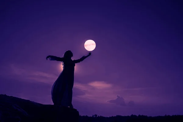 Silhoutee Woman Standing Top Mountain Female Hold Hand Growing Moon — Stock Photo, Image