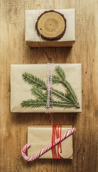 Gift Boxes Wrapped Brown Craft Paper Christmas Presents — 图库照片