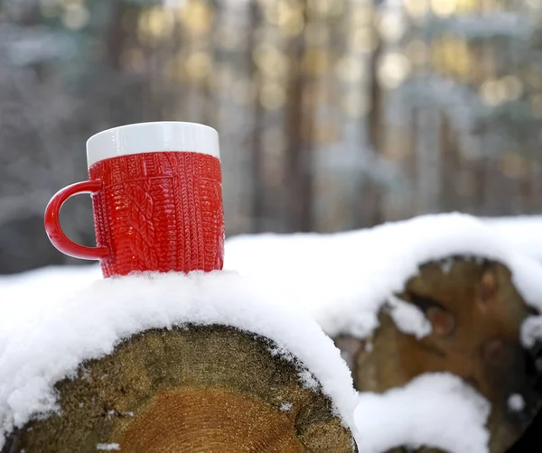 Jeden Czerwony Kubek Stojący Pniu Drzewa Pokryty Świeżym Śniegiem Czas — Zdjęcie stockowe