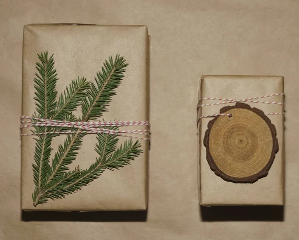 Подарункові Коробки Загорнуті Коричневий Папір Ремесел — стокове фото