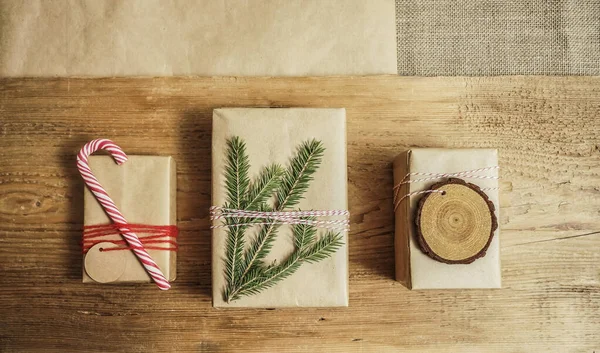 Gift Boxes Wrapped Brown Craft Paper Christmas Presents — 图库照片