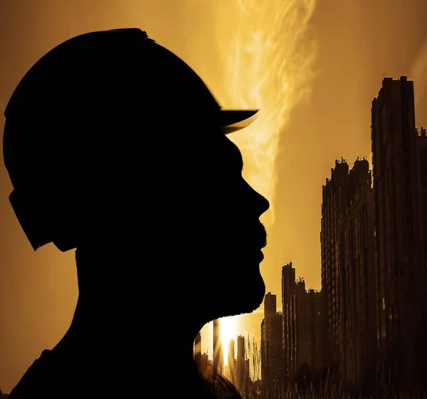 Foto Silhouette Working Man Giallo Hard Hat Uomo Che Indossa — Foto Stock