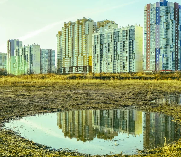 Лужа Парке Городе Утром Трава Упала Воду Высотные Современные Здания — стоковое фото