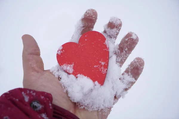 Человек Держащий Руке Деревянное Красное Сердце Фоне Снежных Заносов — стоковое фото