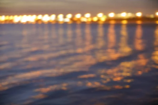 Abstracte Vervaging Van Bokeh Rivier Bij Zonsondergang Skyline Nachts Met — Stockfoto