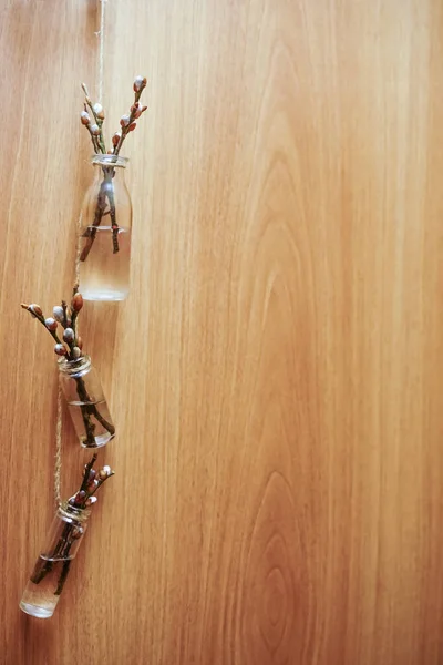 Букет Ветвей Бутонами Стеклянных Бутылочках Заднем Плане Деревянной Двери — стоковое фото