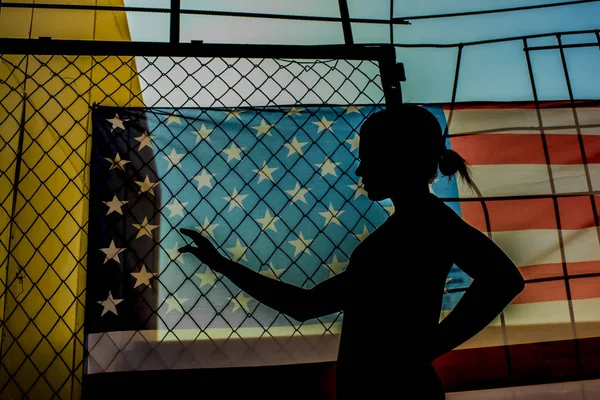 Silhouette African American Woman American Flag Large Flag Hanging Fence — Stock Photo, Image