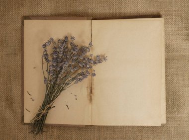 Antika kitaplarla, lavanta çiçekleriyle, tekstil masasında nostaljik kompozisyonlarla dolu eski bir hayat. Üst Manzara. boş kitap arkaplanı. 