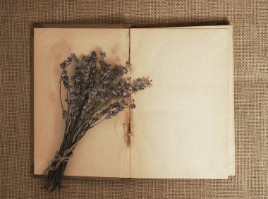 Antika kitaplarla, lavanta çiçekleriyle, tekstil masasında nostaljik kompozisyonlarla dolu eski bir hayat. Üst Manzara. boş kitap arkaplanı. 