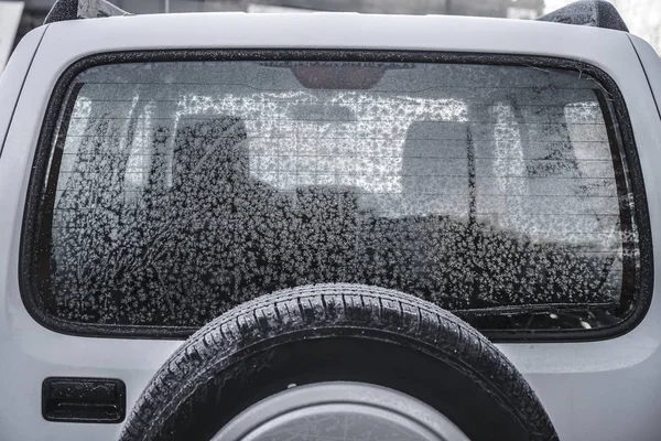 Winter Frozen Back Car Window Texture Freezing Ice Glass Background — Stock Photo, Image