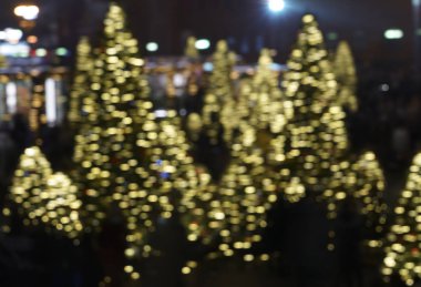 Odaklanmamış fotoğraf resmi. Kentte Noel ağaçları ve arka planda Noel süslemeleri. 
