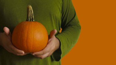 Yeşil gömlekli bir adamın ellerinde turuncu balkabağı. Sonbahar hasadı. Turuncu duvar arka planında izole edilmiş. Yüzü yok