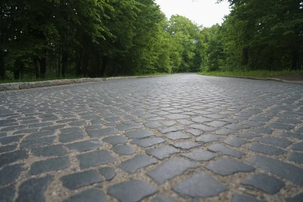 rural stoned road background. Road paved with paving stones.Old cobblestone way in perspective without cars. empty road.