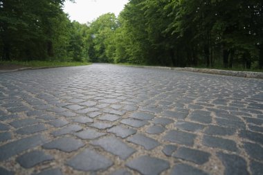 Taşlaşmış kırsal yol geçmişi. Yol kaldırım taşlarıyla döşenmiş. Arabasız eski parke taşı yolu. boş yol. 